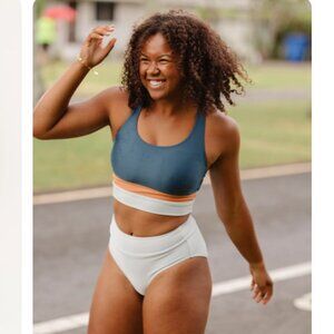 Nani Swimwear Flow Cut Back Crop Swim Top Women's Medium Colorblock Blue Orange